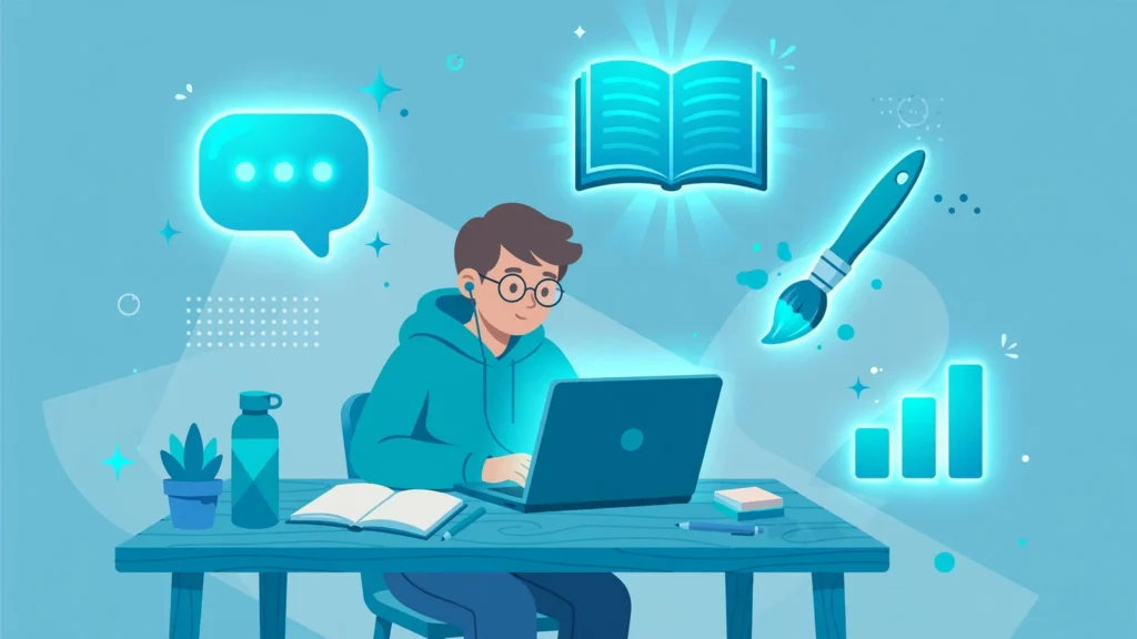 Student studying at a desk with a laptop surrounded by floating AI assistance icons — best free AI tools for students