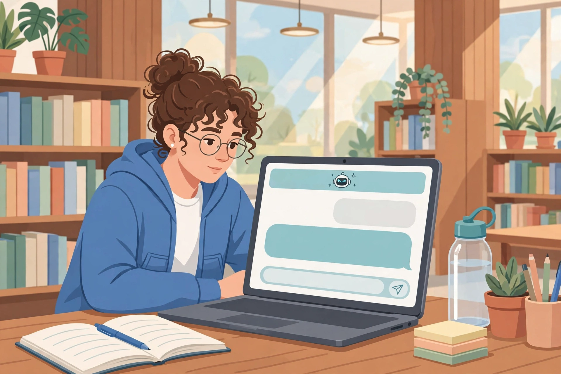 College student studying in a library with an AI chat assistant on a laptop