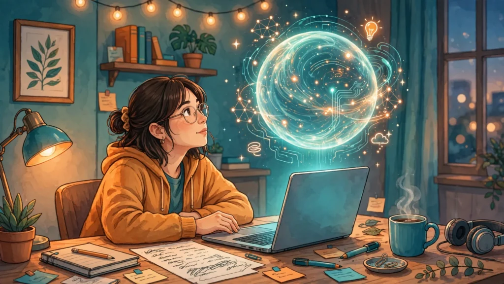 Blogger drafting a post on a laptop with a glowing AI writing assistant suggesting ideas — best AI writing tools for bloggers