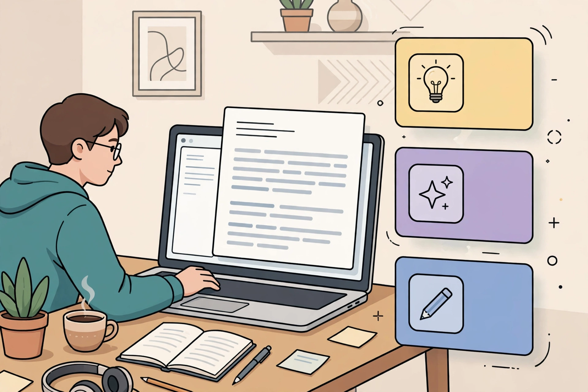 Writer using an AI assistant panel while drafting a blog post