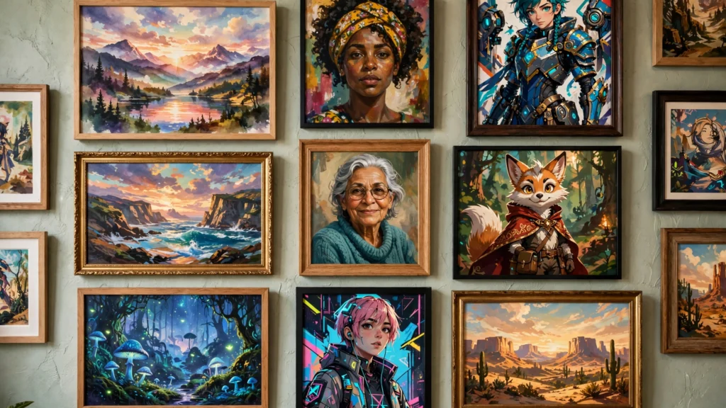 Vibrant collage of AI-generated artwork showcasing the best free AI image generators of 2026