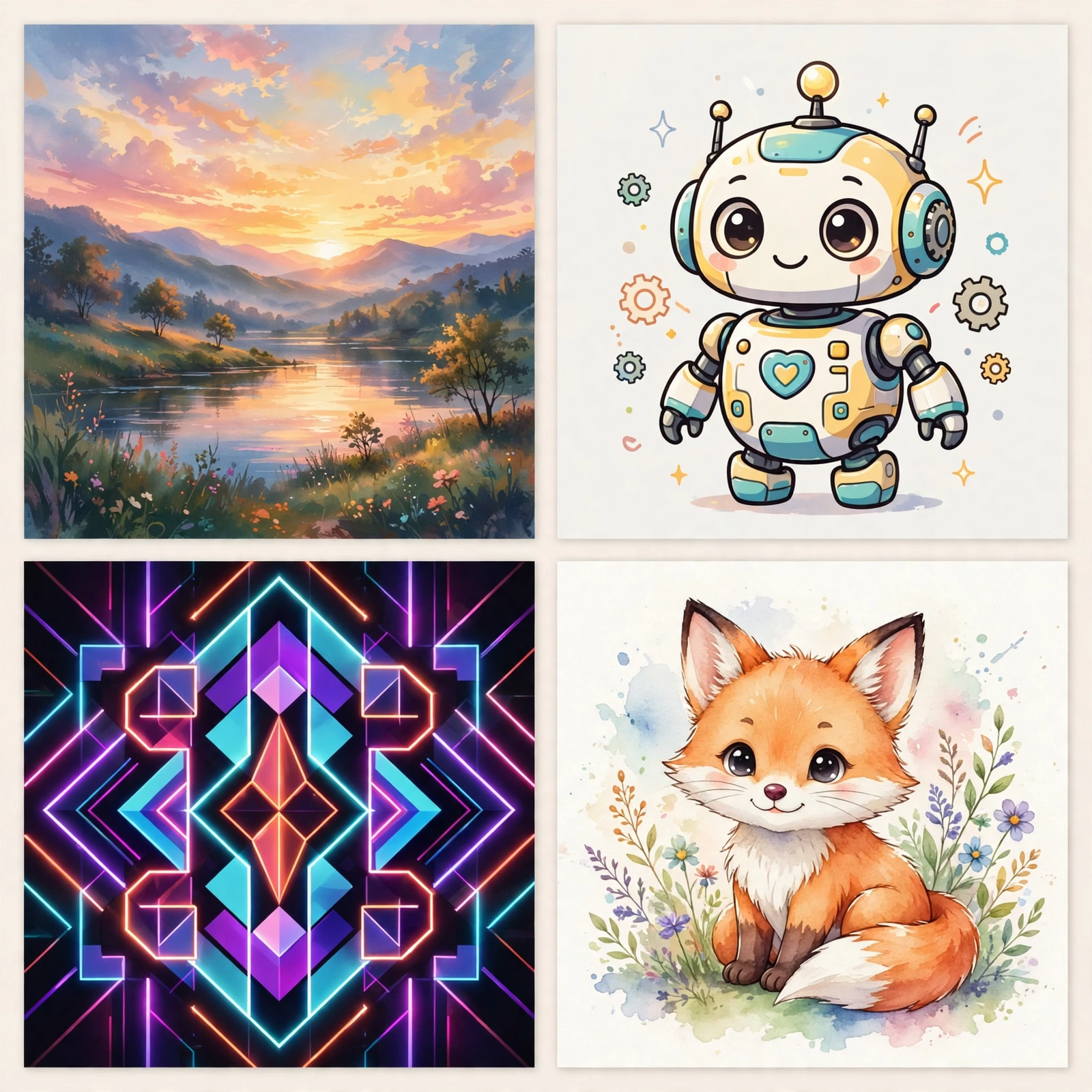 Collage of AI-generated artwork examples created with the best free AI image generators