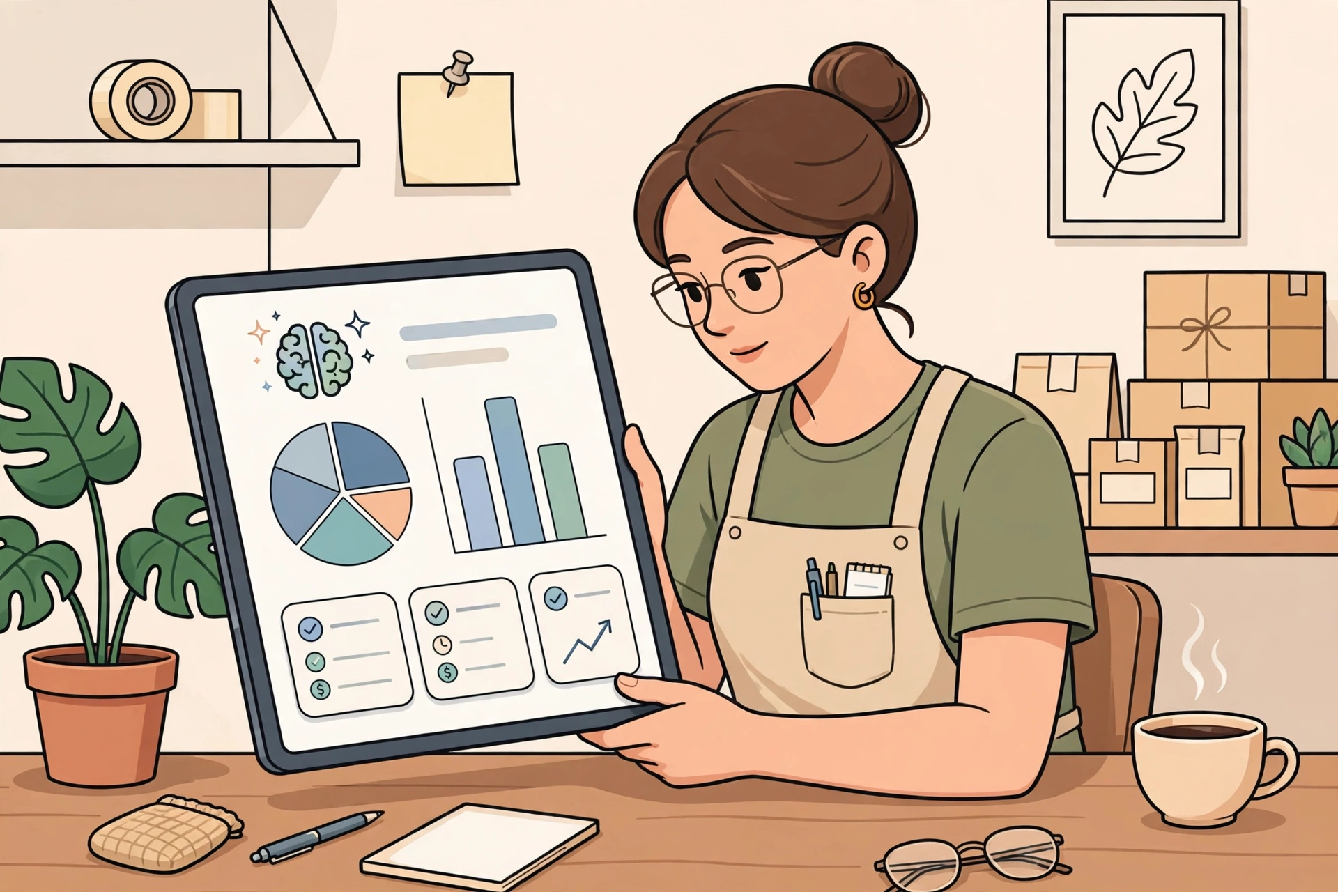 Small business owner reviewing AI-assisted invoicing and accounting
