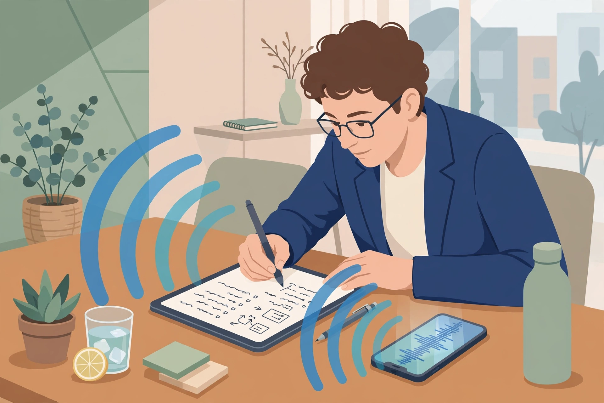 Person taking notes on a tablet during a meeting while a phone transcribes the conversation with sound waves