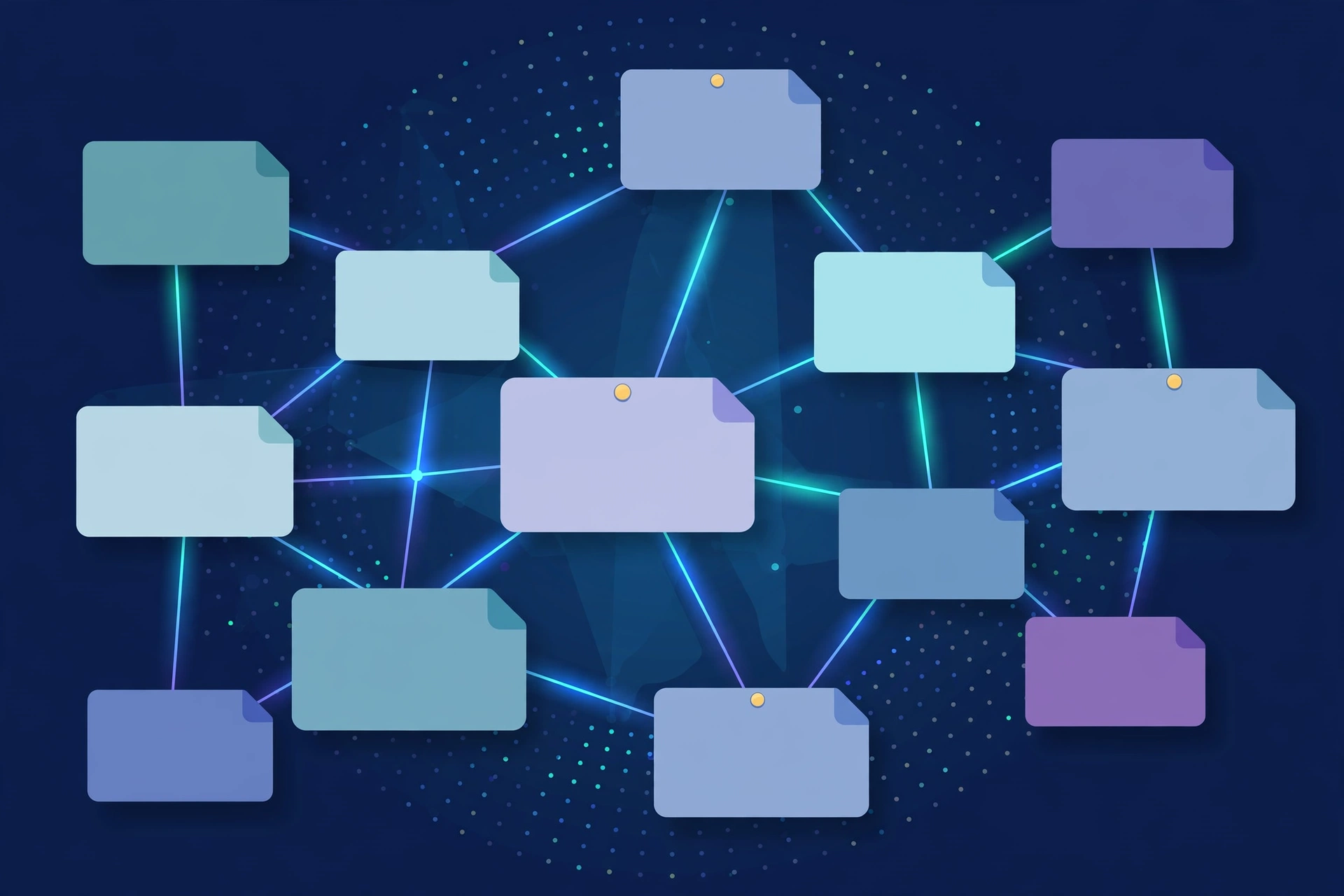 Floating digital note cards connected as a knowledge web, illustrating AI-organized notes