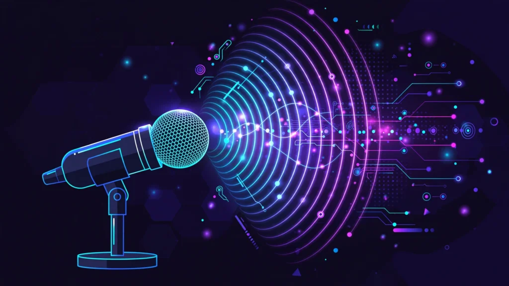 Studio microphone with glowing AI sound waves, representing the best AI voice generators of 2026