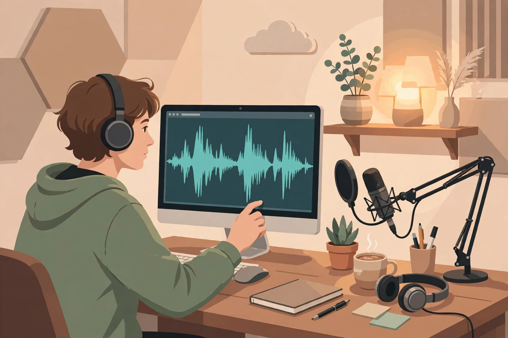 Podcast creator editing an audio waveform on a monitor with a microphone nearby