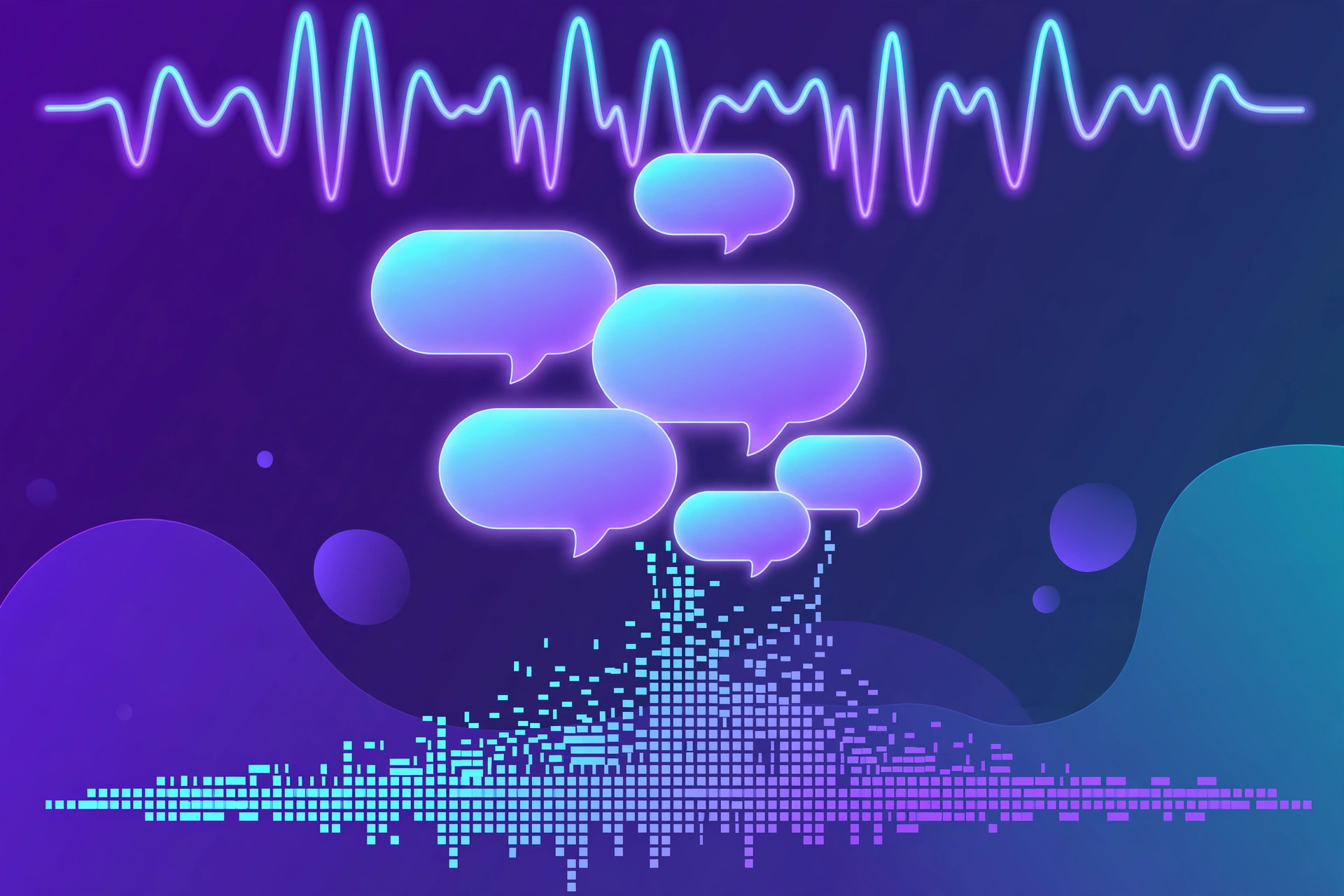 Illustration of text transforming into glowing speech bubbles above a waveform