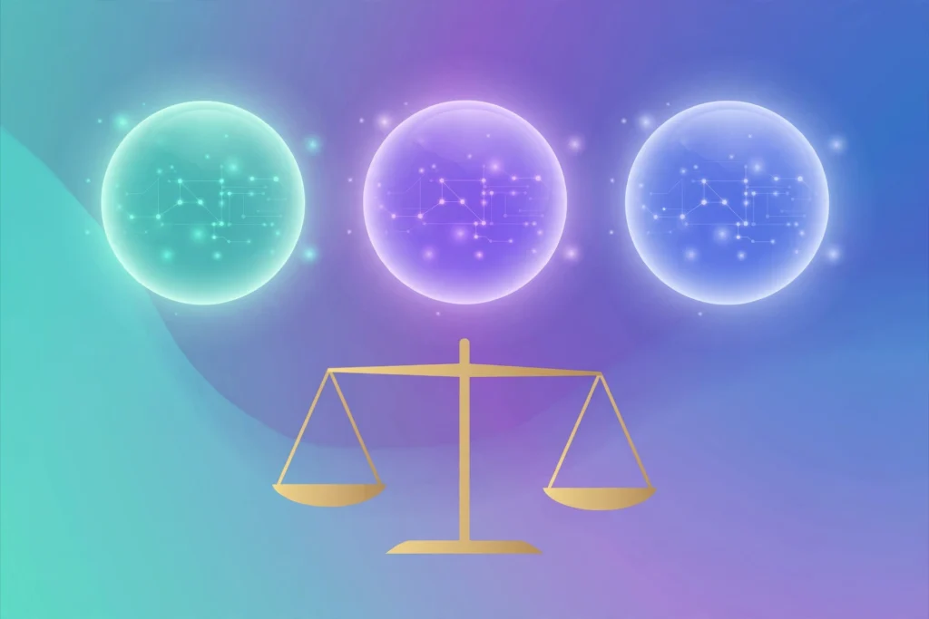 Abstract illustration of three AI chat assistants compared on a balance scale