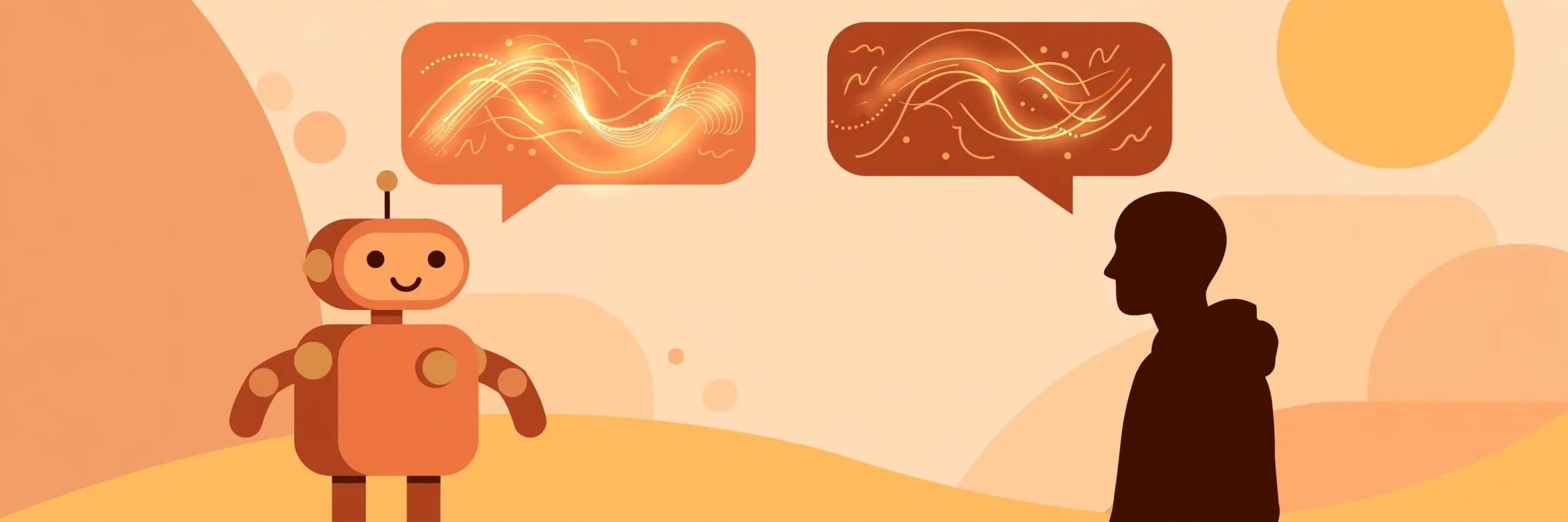Illustration of a robot and a human in conversation with glowing speech bubbles
