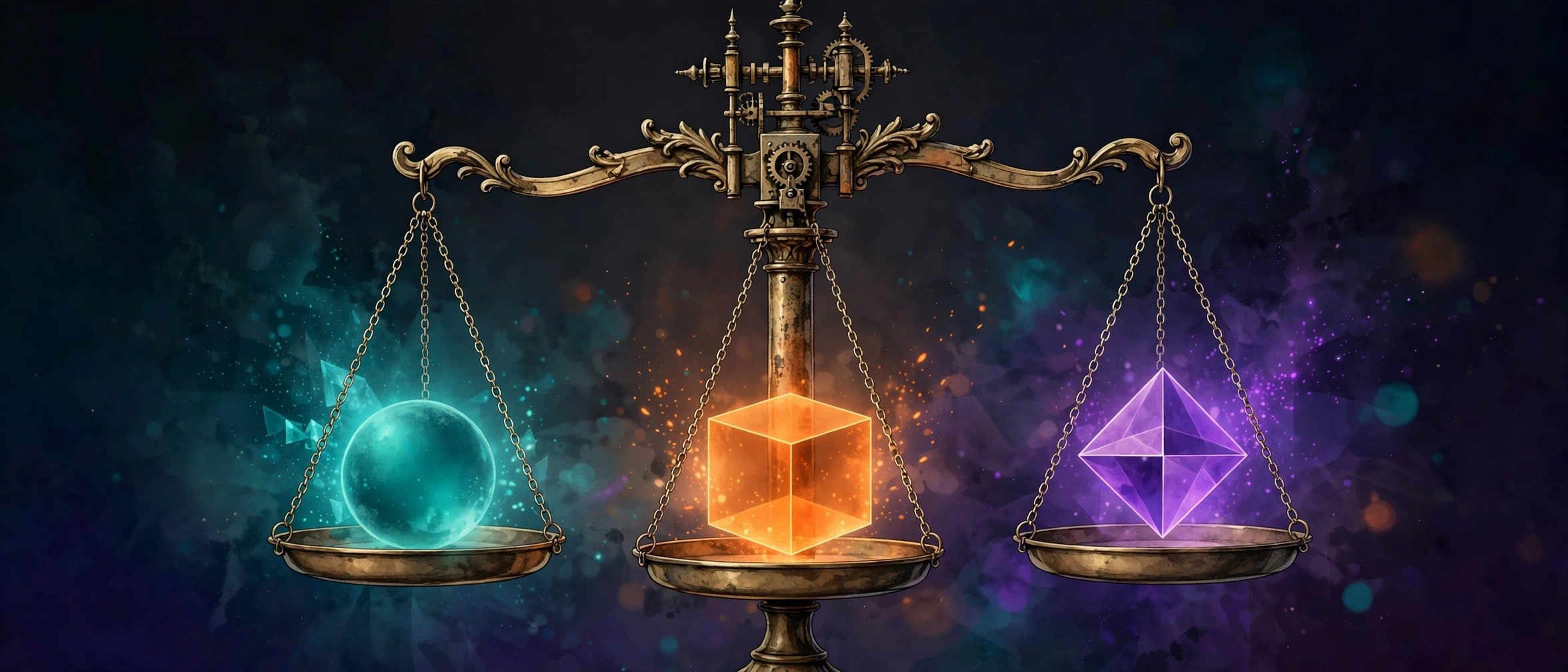 Balance scale weighing three glowing geometric shapes representing AI assistants