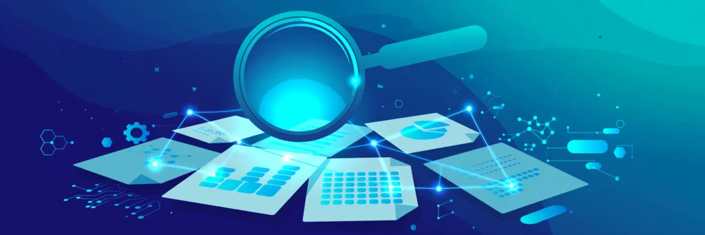 Magnifying glass hovering over floating documents, symbolizing AI-powered research