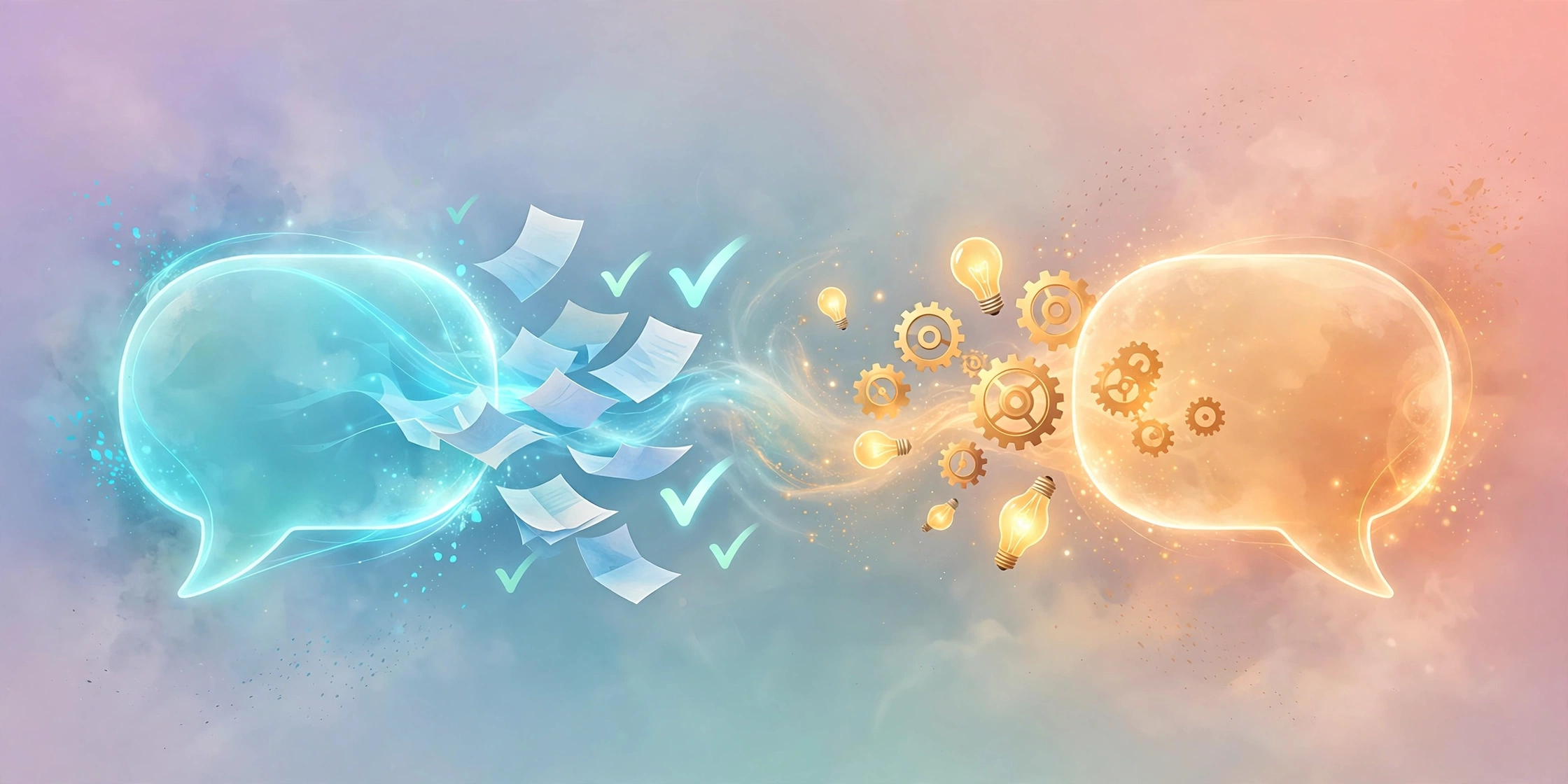 Two chat bubbles facing off, one emitting documents and the other lightbulbs and gears