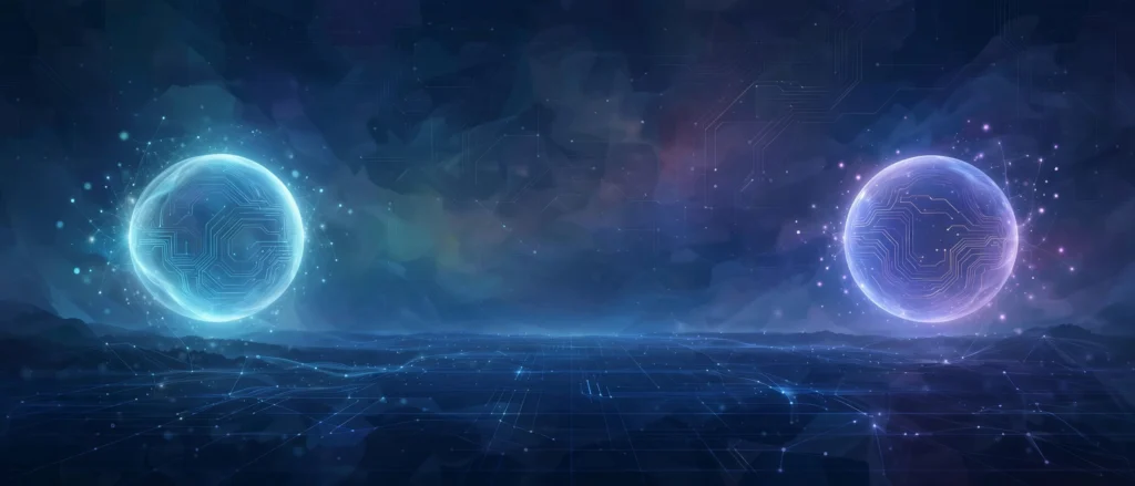Two glowing AI assistant orbs facing each other over a digital horizon