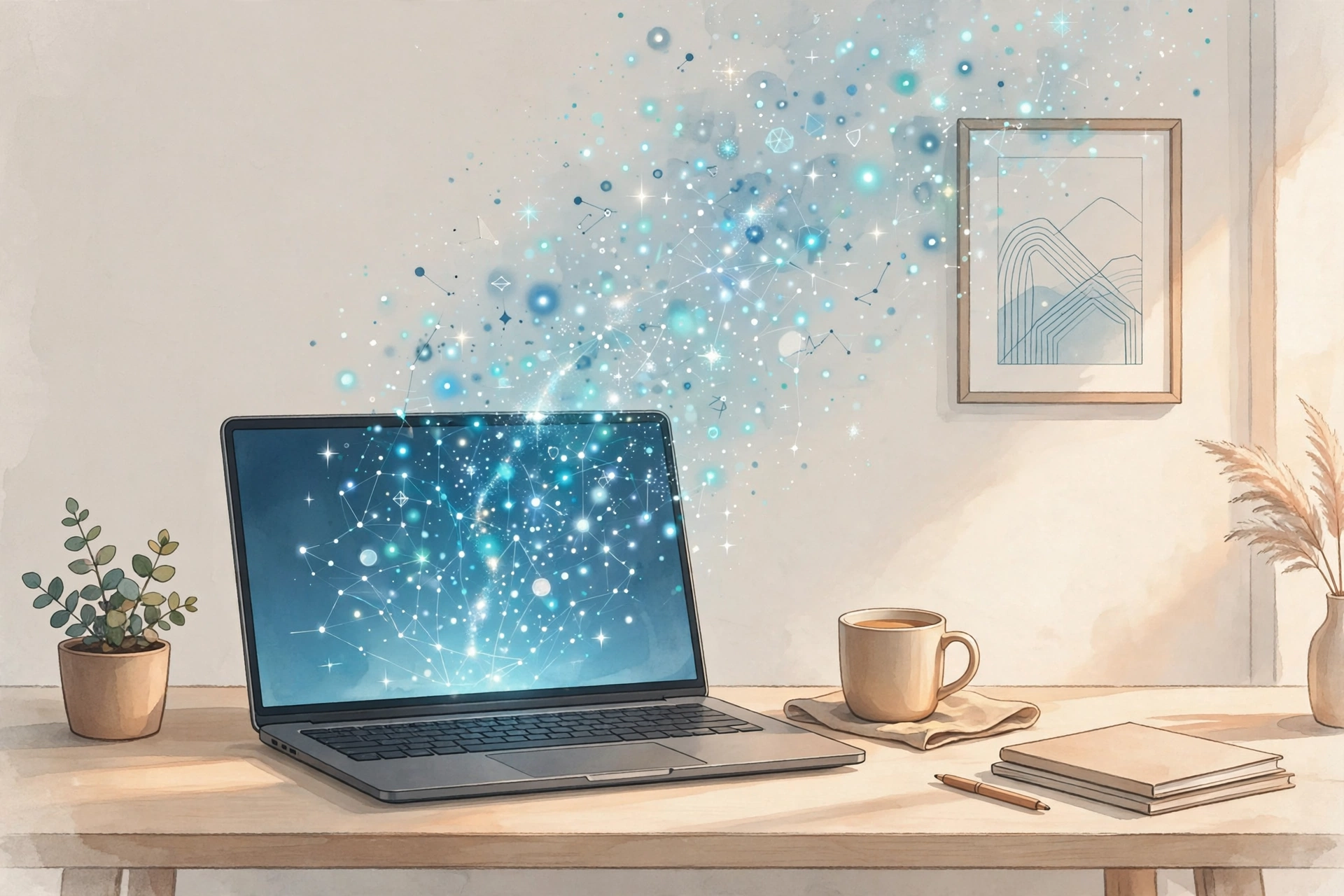 Open laptop with sparkling AI light particles rising from the screen