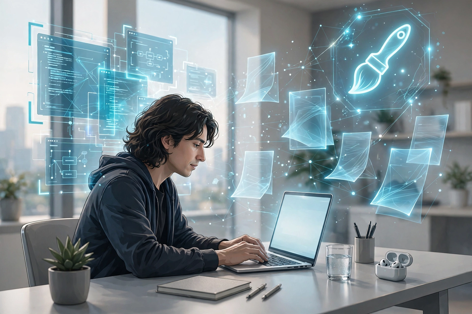 Person typing at a laptop with floating documents and code windows