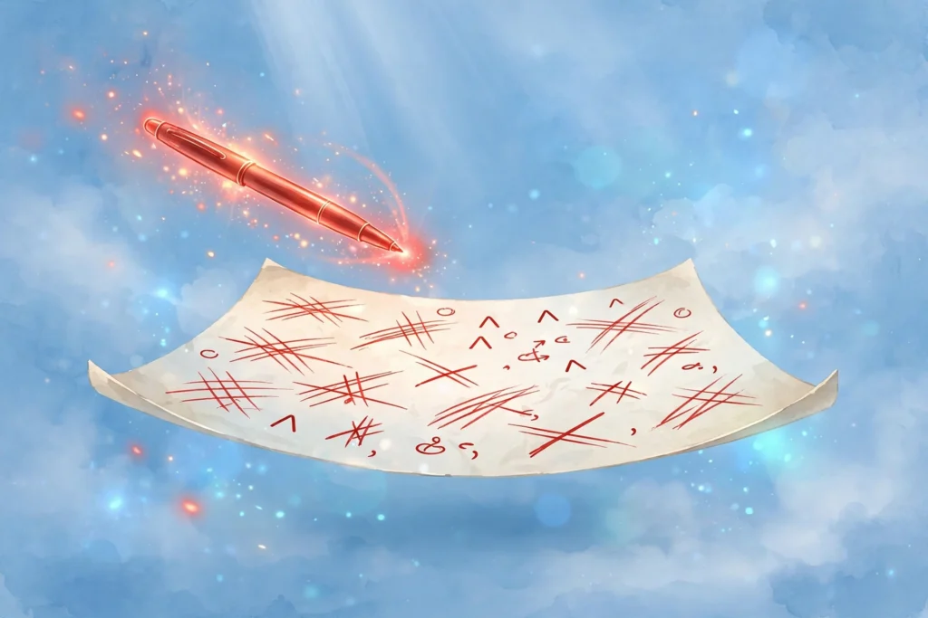 Glowing red pen hovering over a floating document with grammar correction marks