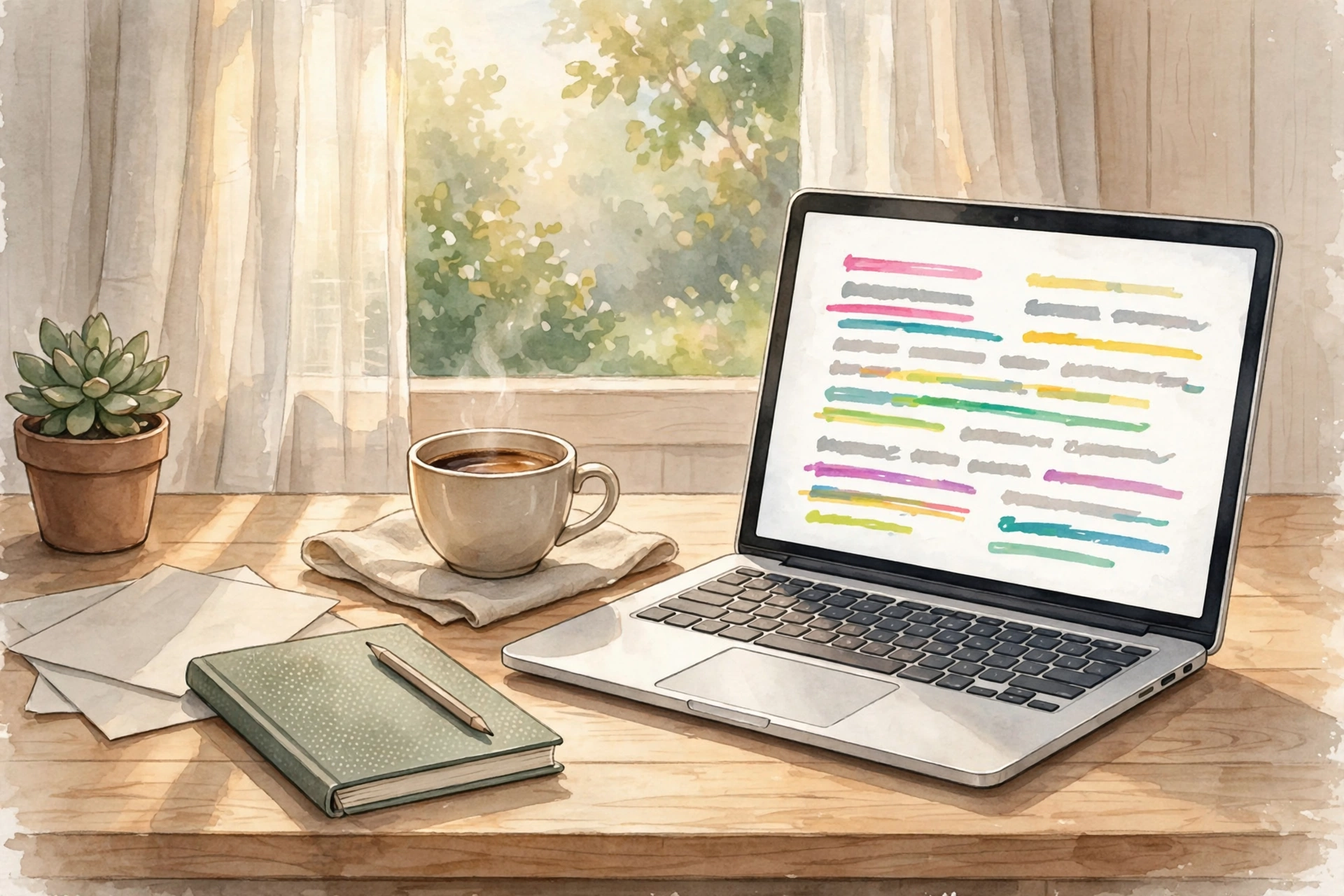 Clean writing desk with laptop showing a document with editing marks