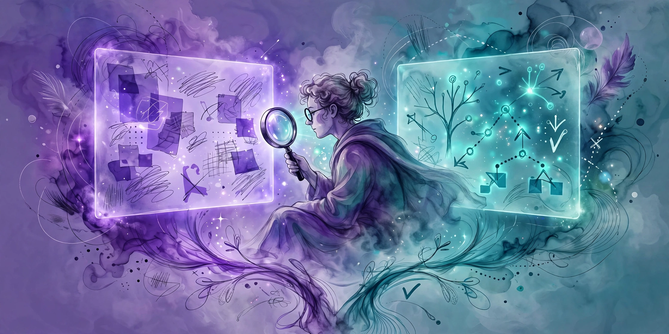 Writer comparing two glowing document panels with a magnifying glass