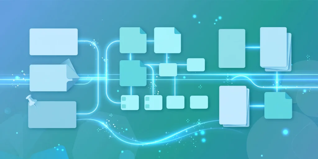 Abstract illustration of an organized digital workspace with AI sparkles connecting document cards
