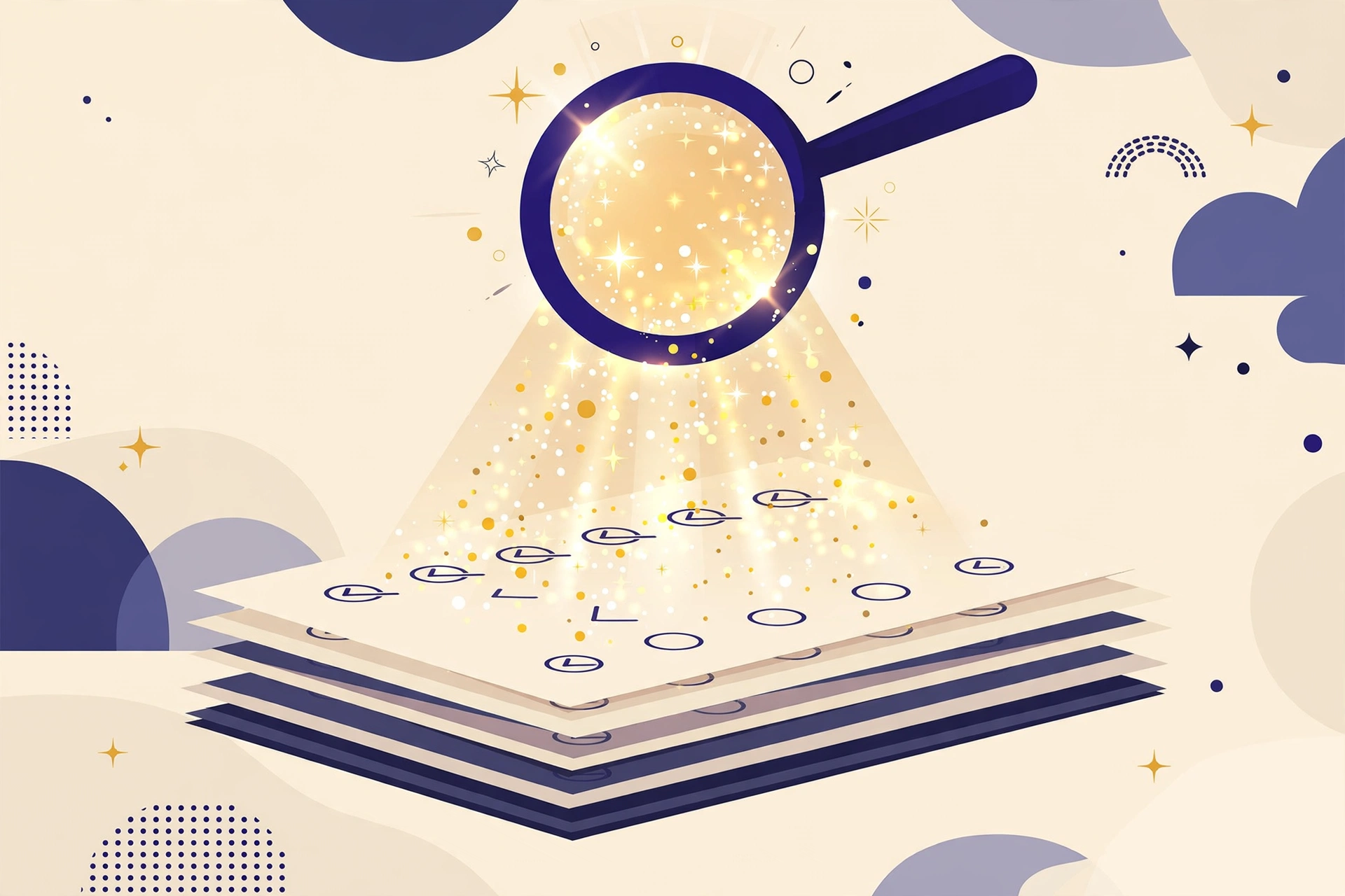 Illustration of stacked notes with a glowing spark representing AI summarizing documents