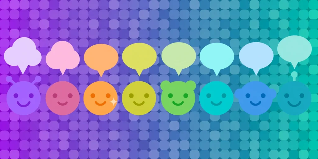 Mosaic of colorful chatbot avatar faces with speech bubbles