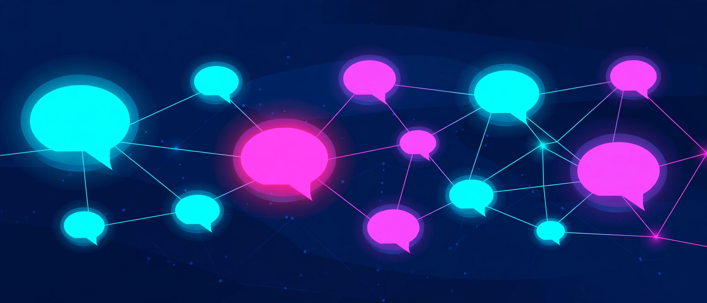 Glowing speech bubbles connected in a network