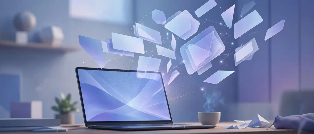 Abstract illustration of an AI-generated slide deck floating above a laptop