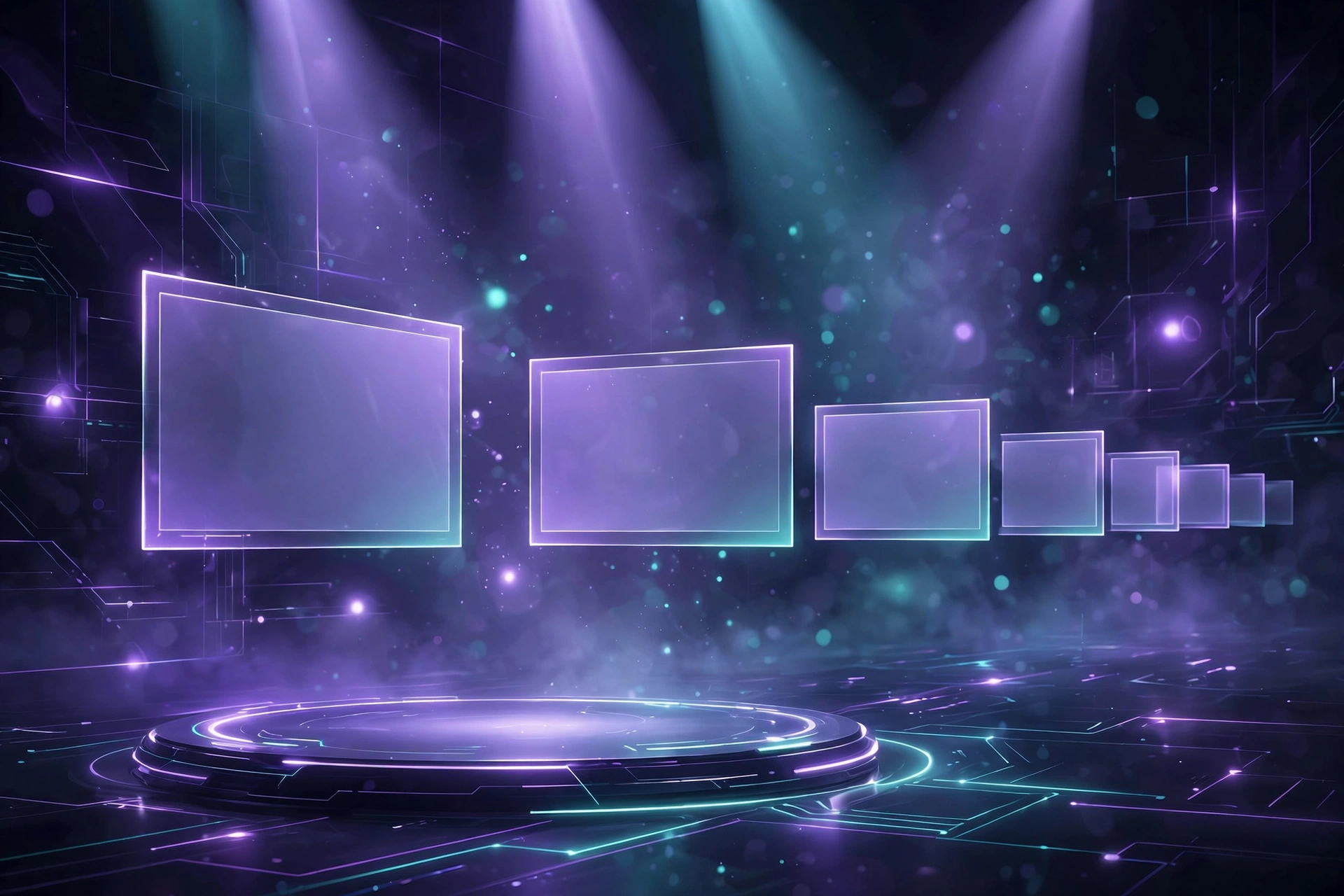 Glowing presentation stage with floating slides