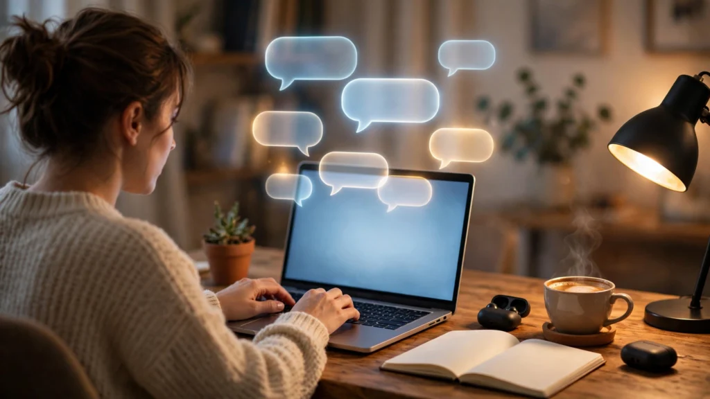 Person at a laptop with glowing chat bubbles above the screen, illustrating how to write better ChatGPT prompts
