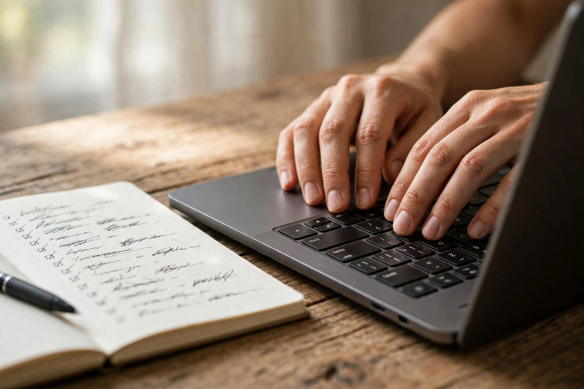 Close-up of hands typing a detailed prompt on a laptop with a checklist notebook beside it