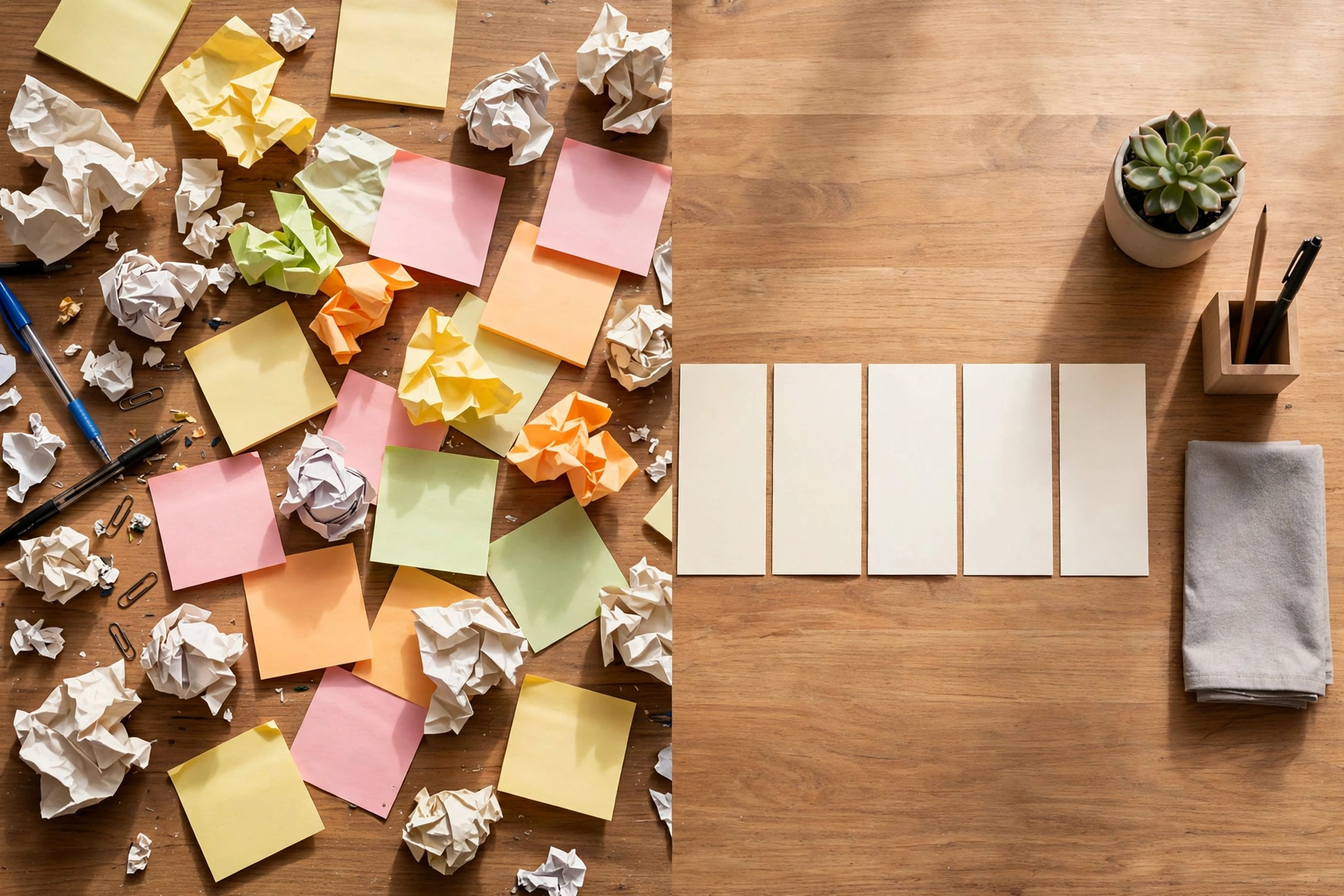 Before-and-after desk scene comparing messy sticky notes with organized prompt cards