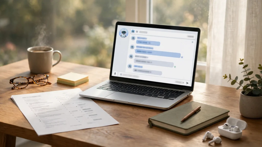Desk with a printed resume and laptop showing an AI assistant, illustrating how to use ChatGPT for resume writing