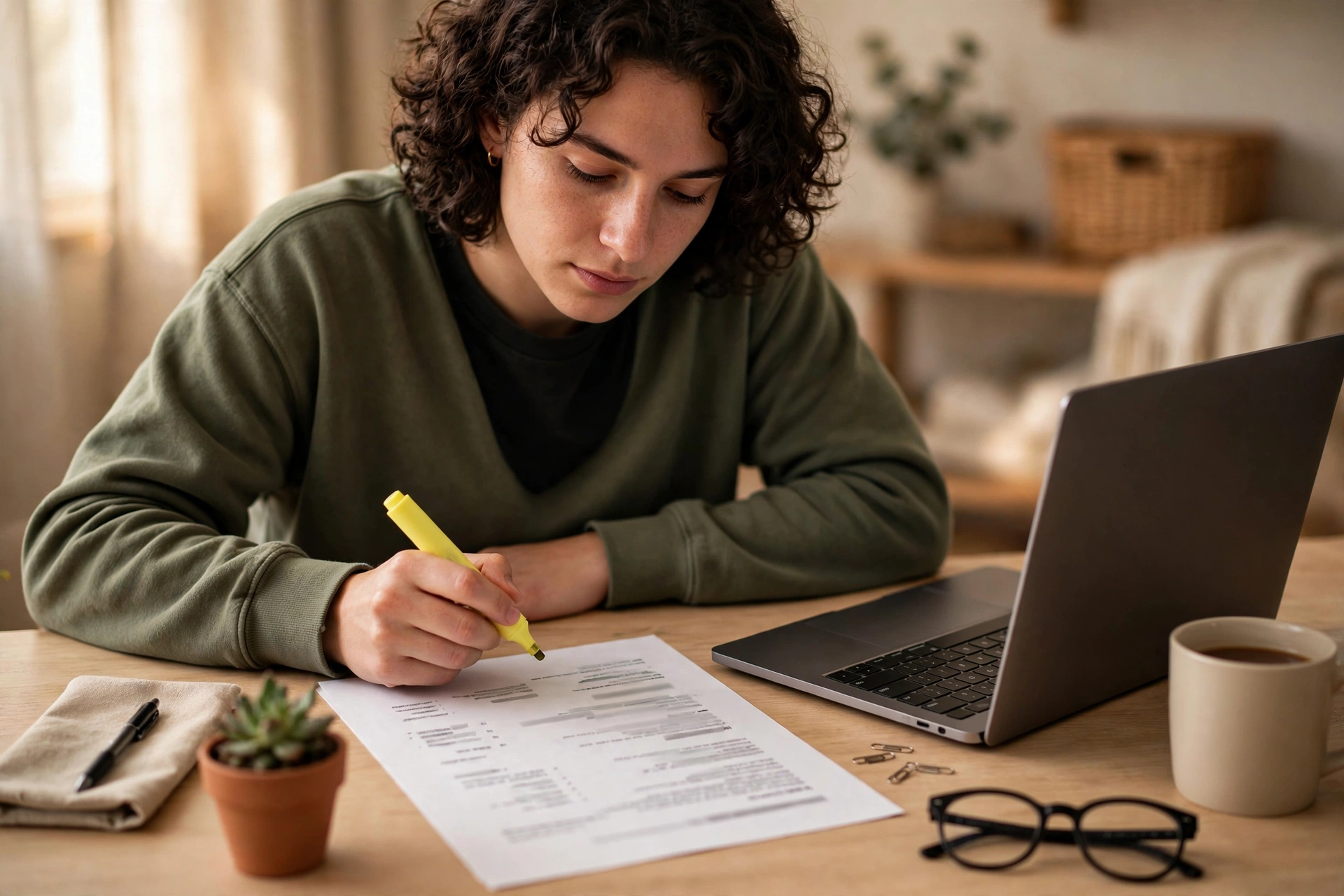 Person reviewing a printed resume with a yellow highlighter, laptop nearby