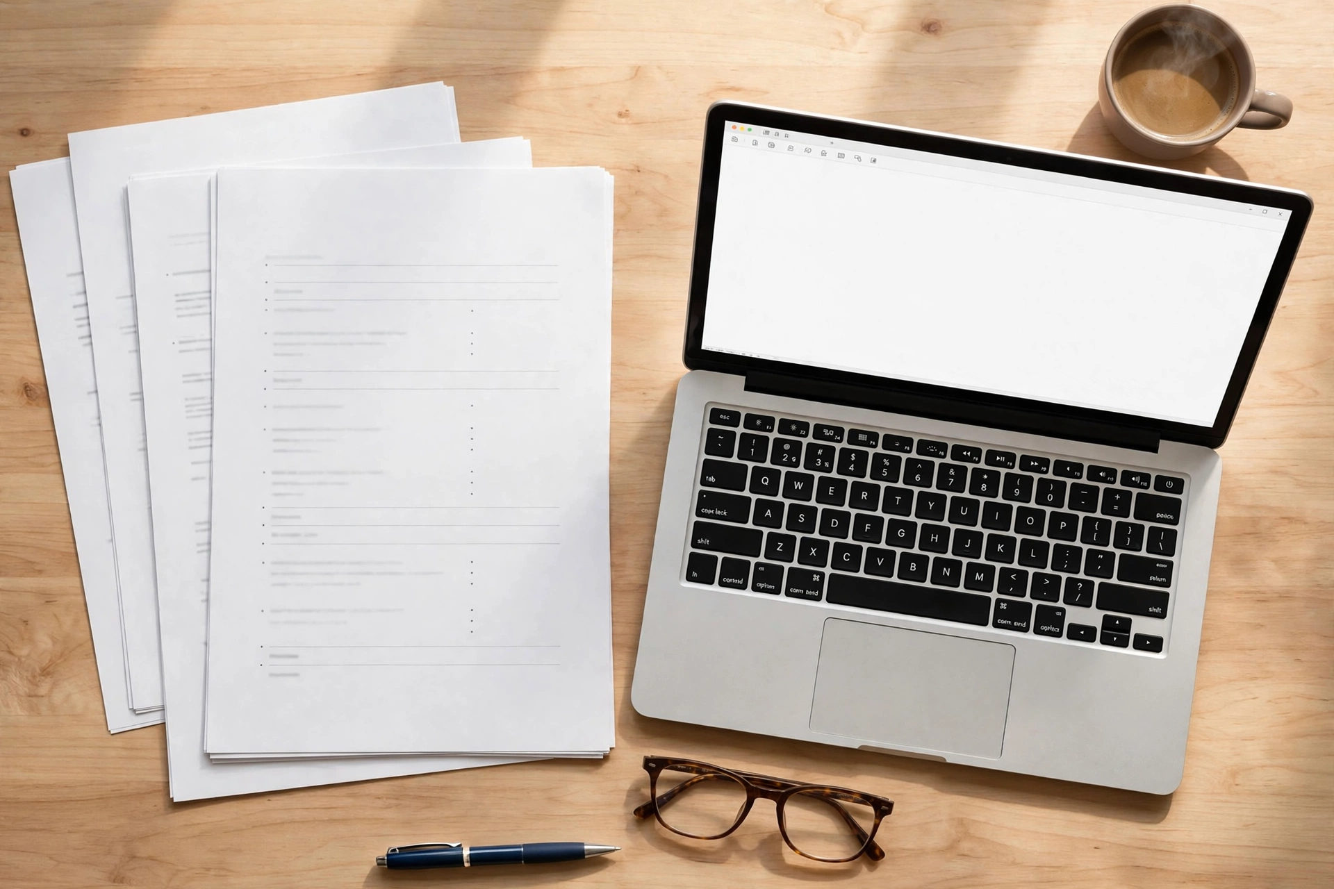 Flat lay of resume pages, coffee cup, and laptop with a document editor on a desk