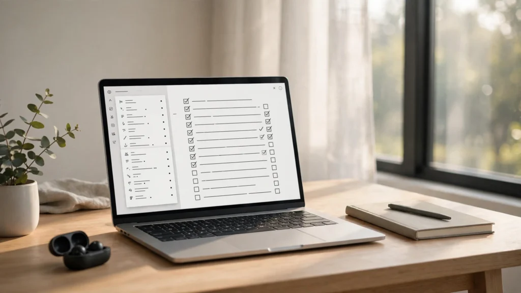 Clean modern desk with a laptop showing an organized notes app with checklists in soft morning light