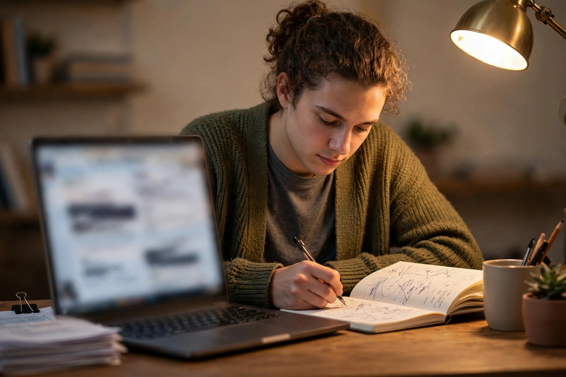 Person summarizing a long document on a laptop with an open notebook beside them