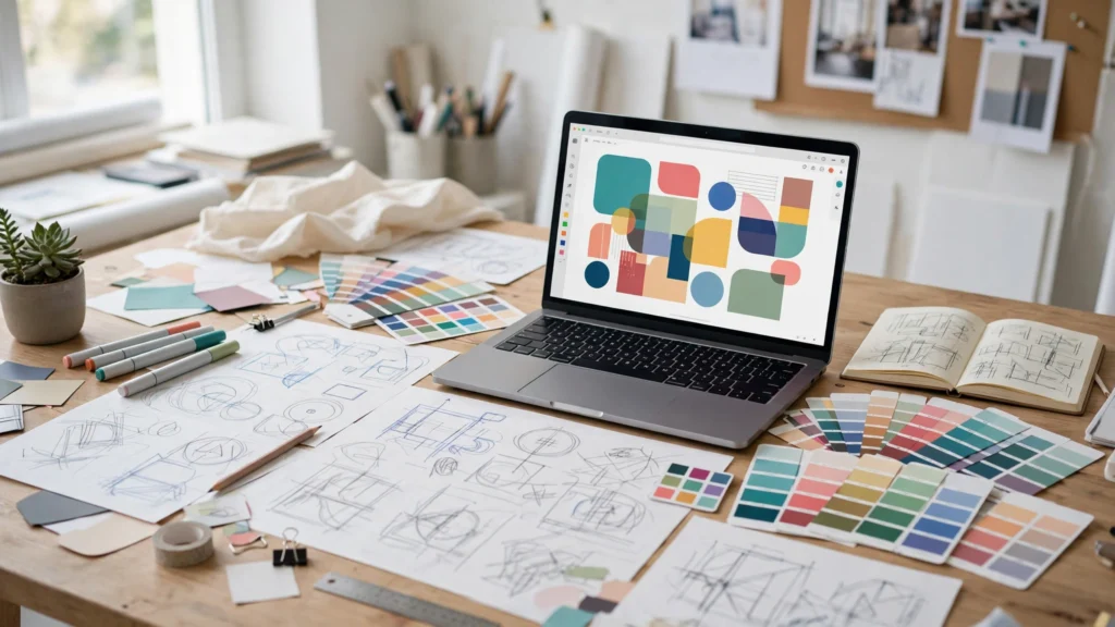 Designer workspace with a laptop showing a colorful graphic design layout and color swatches