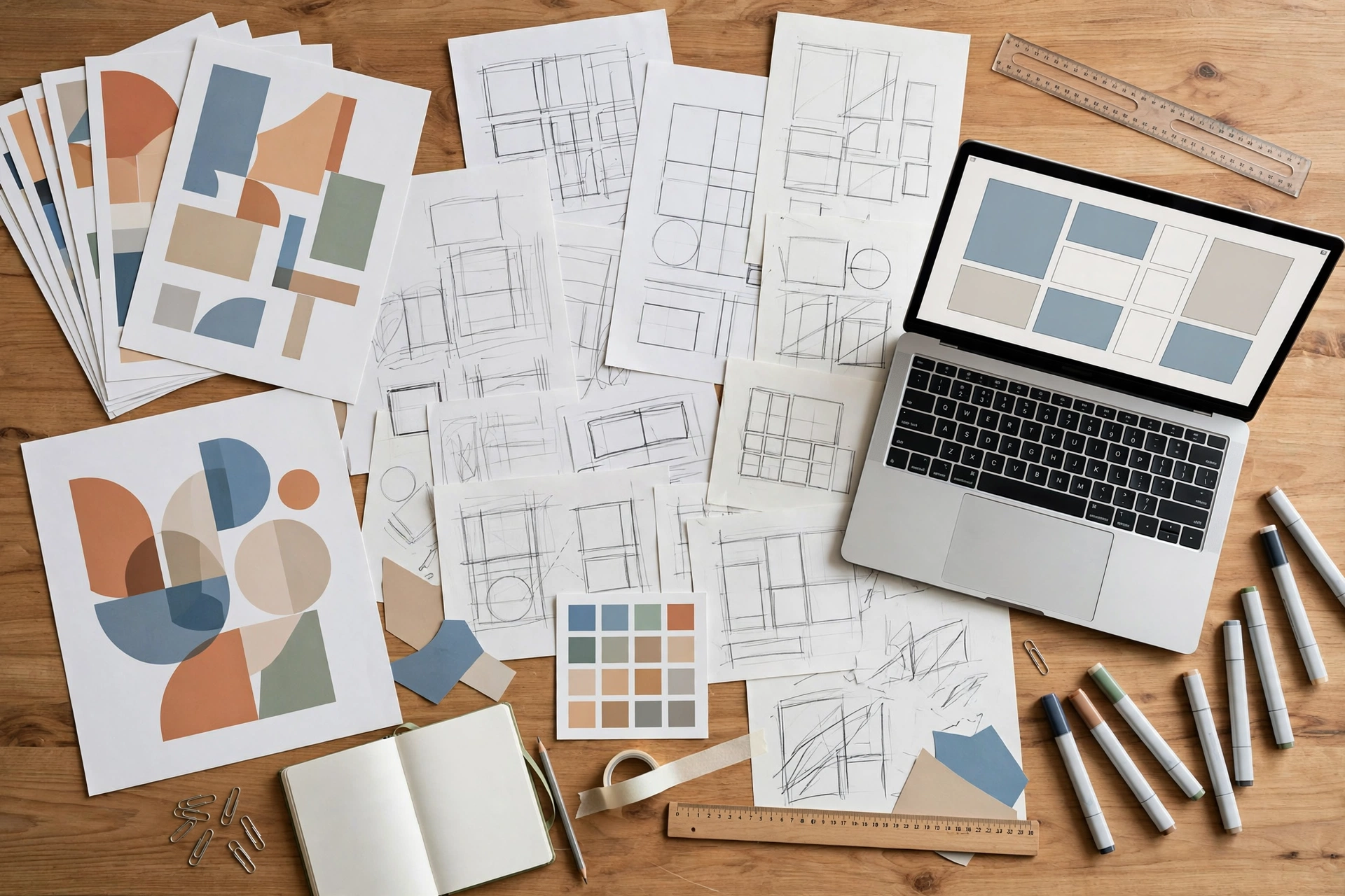 Flat lay of printed posters and design drafts beside a laptop showing a design layout