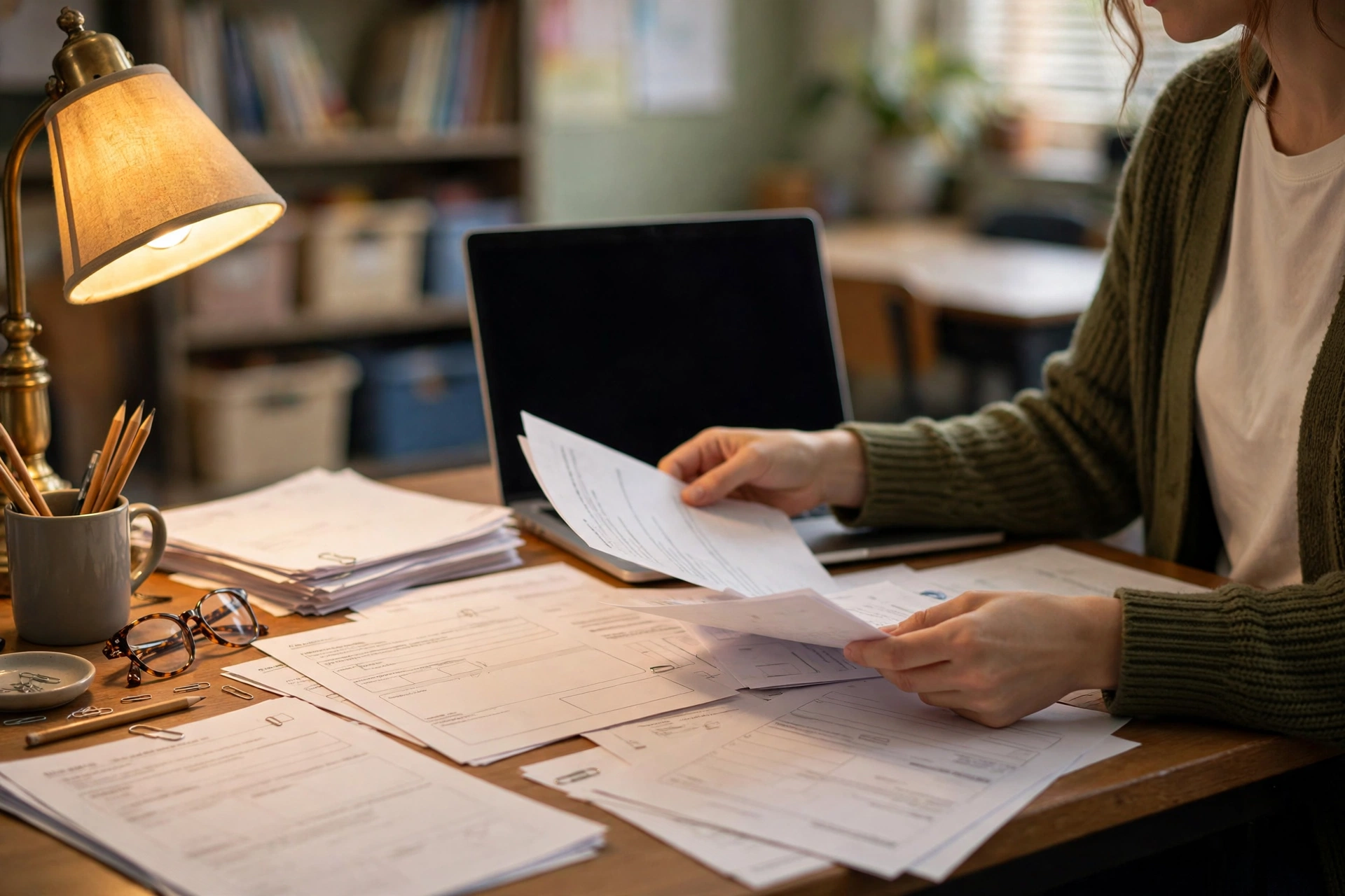 Teacher reviewing lesson plans and printed worksheets at a desk