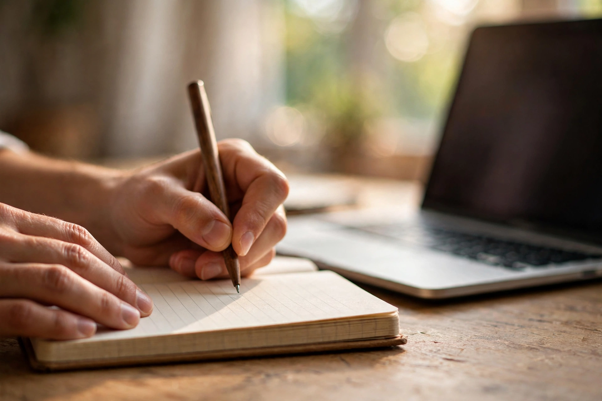 Hands writing quiz questions in a notebook beside a laptop