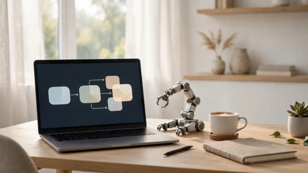 Modern home office with a laptop showing workflow diagrams and a robot-arm desk toy