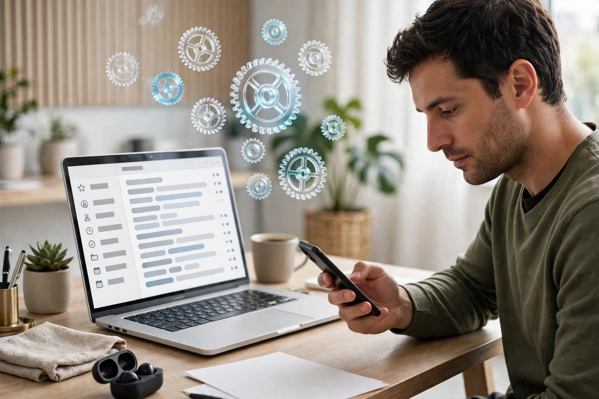 Person checking a phone while a laptop organizes an inbox, with floating gears
