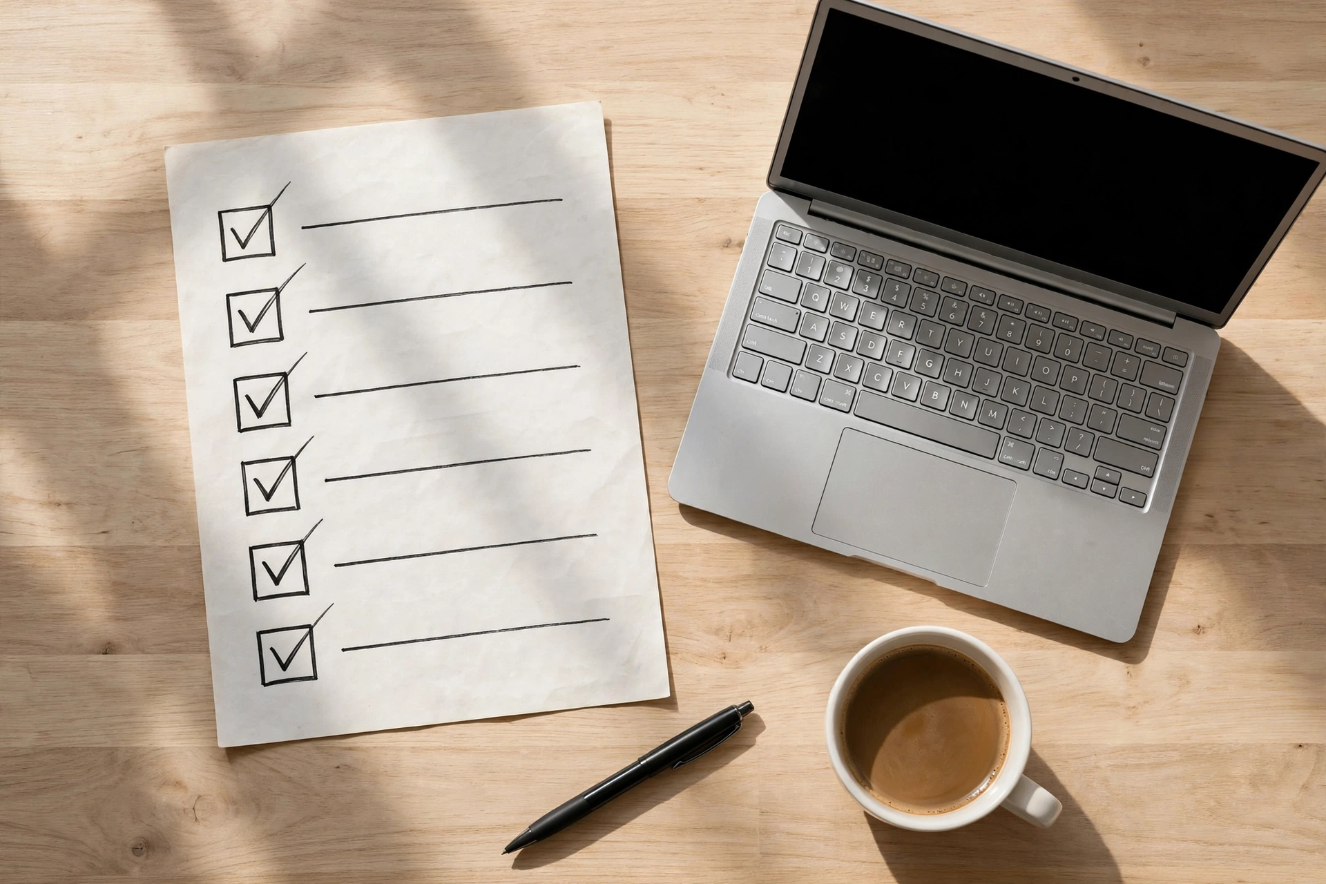 Flat lay of a checked task list, laptop, and coffee on a wooden desk