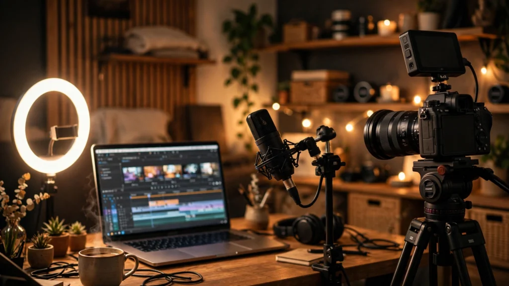 AI tools for YouTubers: creator studio with camera, microphone, laptop editing timeline, and ring light