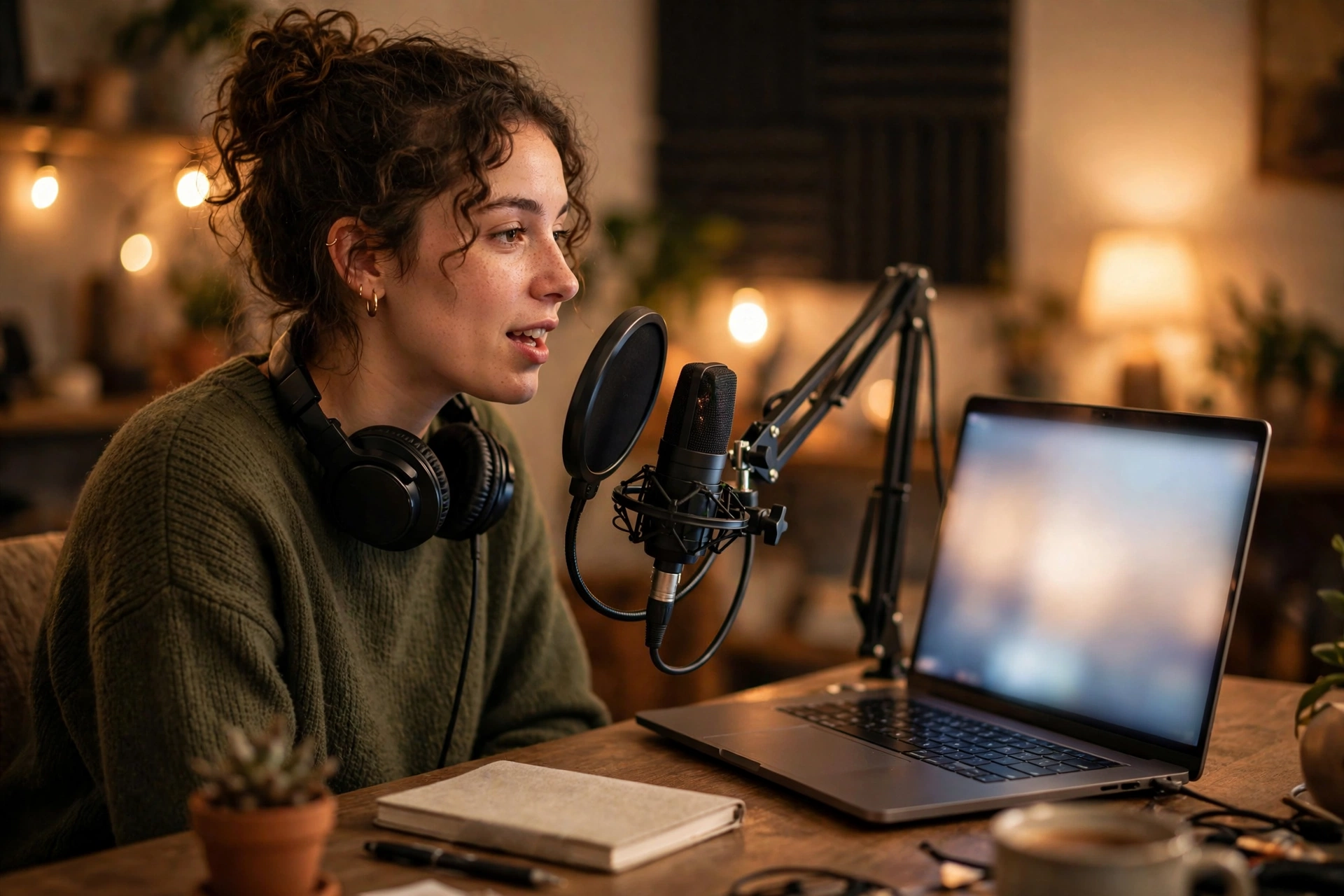 Person recording a voiceover into a studio microphone with a script on a laptop
