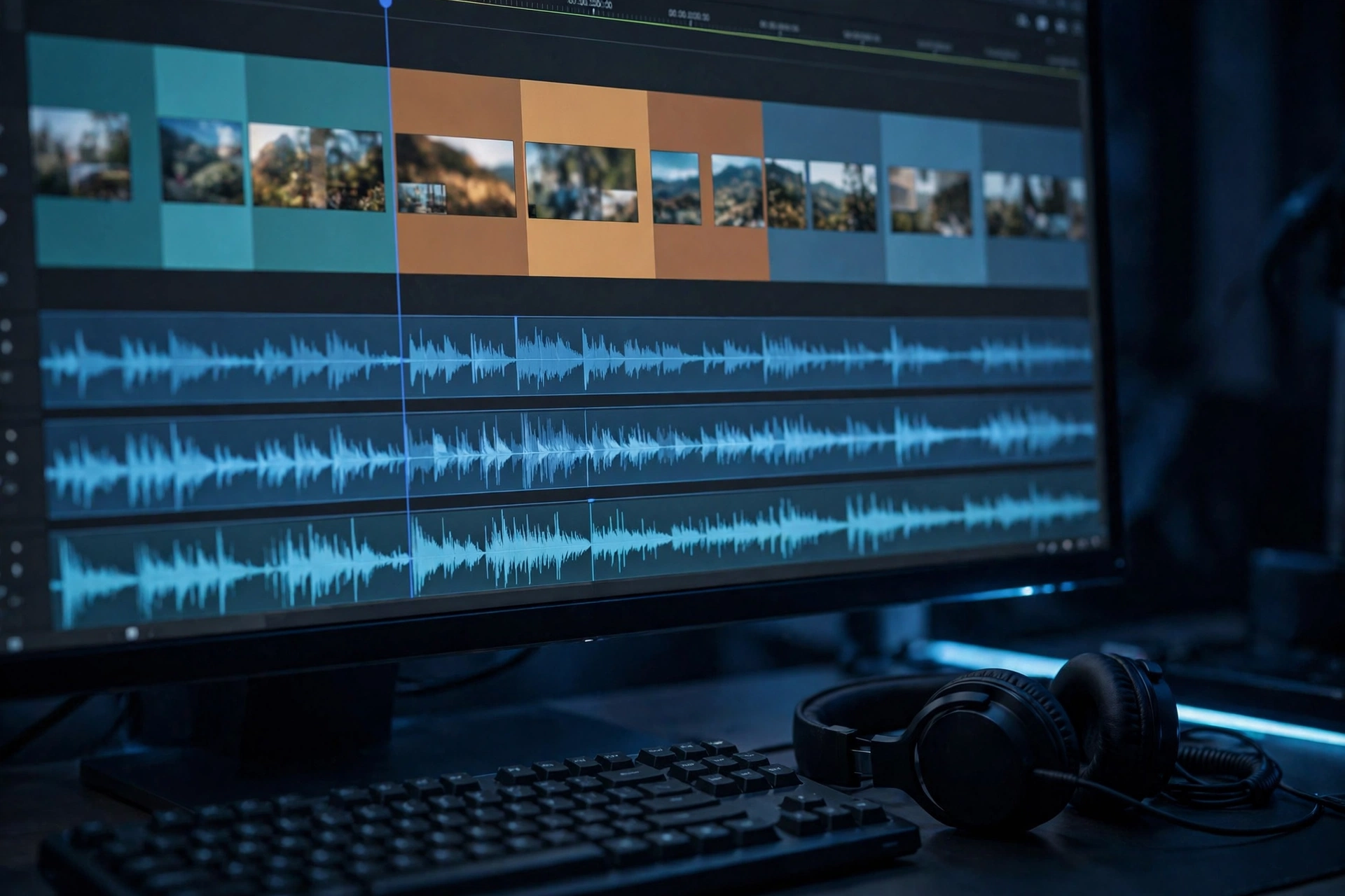 Close-up of a video editing timeline on a monitor with audio waveforms