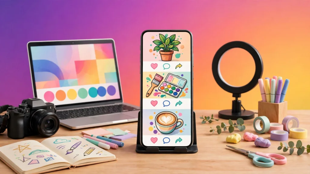 Smartphone with colorful social feed surrounded by creative tools on a desk