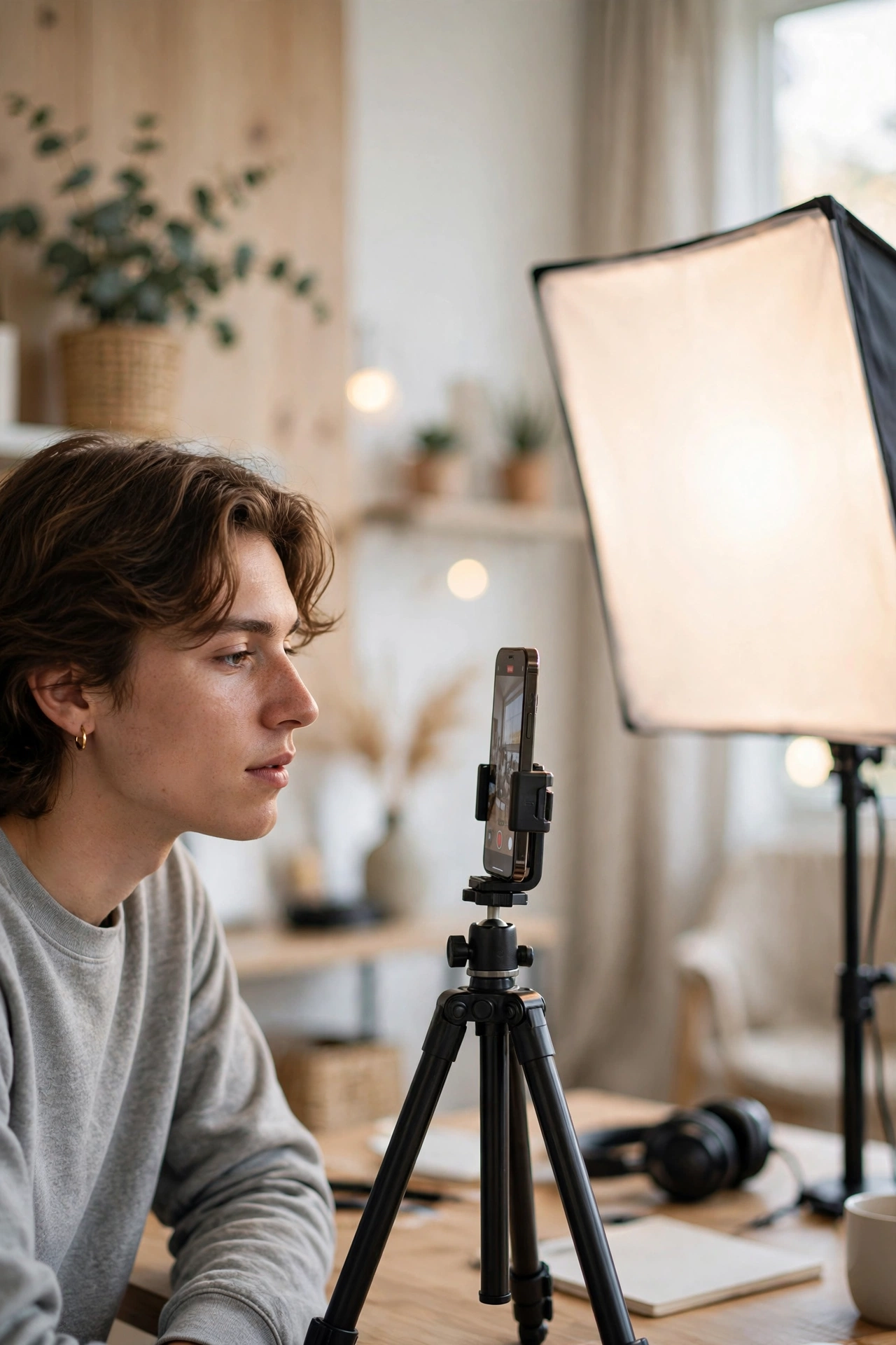 Person filming a short vertical video with a smartphone on a tripod
