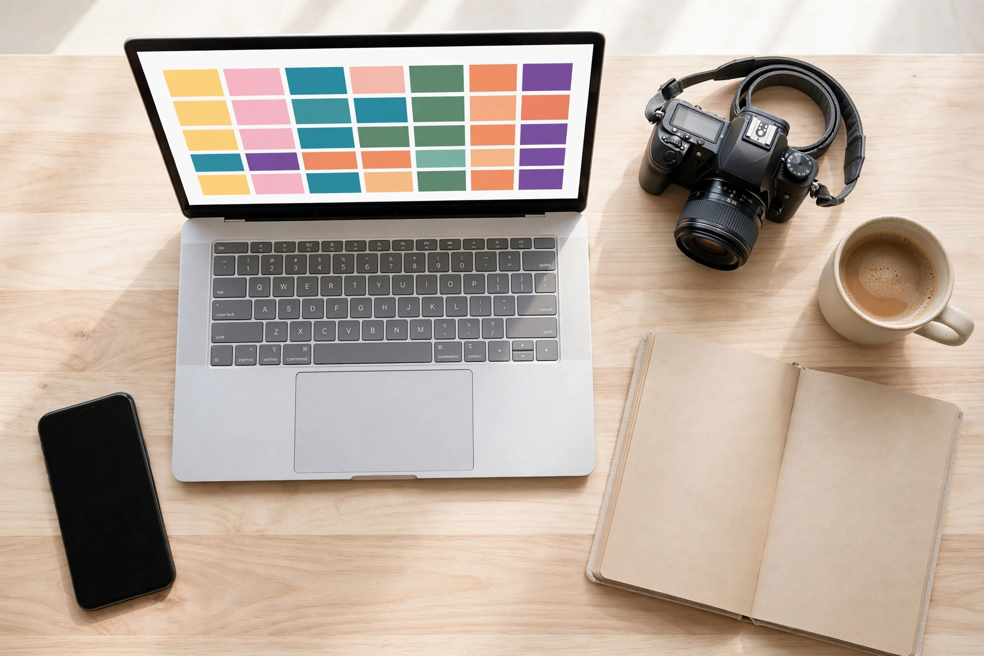 Flat lay of phone, laptop with content calendar, camera, and coffee on a desk